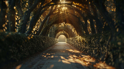 Naklejka premium Enchanted garden path tunneled by lush greenery, basking in a sunset glow.
