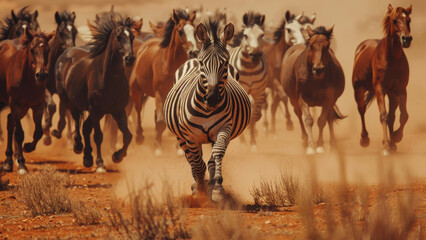 A lone zebra leading a charge of wild horses across a dusty savanna.