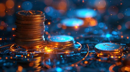 Money, coins, finances abstract banner of in futuristic glowing style on dark blue background, internal energy state