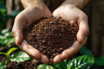 Hands cupping a mix of fertile soil and coffee beans, symbolizing sustainable agriculture and cultivation