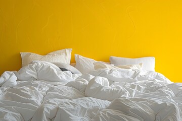 Grey bed against vibrant bright yellow wall with pattern. Minimalist, scandinavian interior design of modern bedroom.