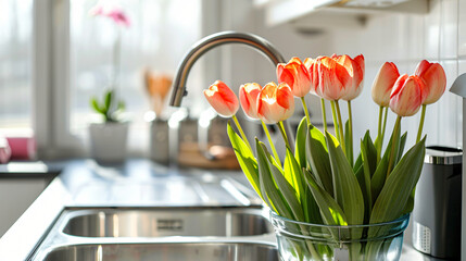 Tulips in sink and utensils on kitchen counters near white