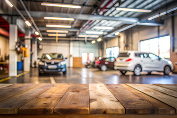 garage interior with wooden table space for car service products advertising montage background
