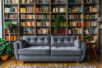 Grey sofa against wooden bookcase. Loft interior design of modern living room, home.