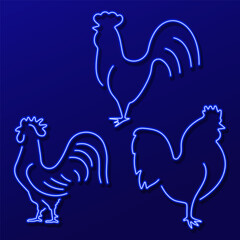 rooster neon sign, modern glowing banner design, colorful modern design trend. Vector illustration.