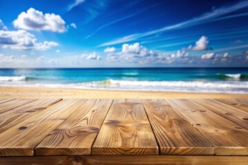 Wooden top with blurred empty beach background can be used for mocking up or display product to make advertising