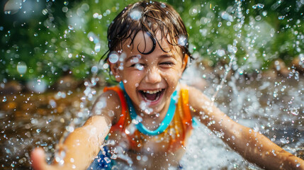 Obraz premium Joyous child playing in sprinkler on sunny summer day