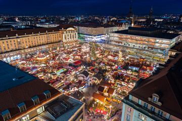 Aerial View of Dresden Striezelmarkt with Festive Lights and Crowded Atmosphere