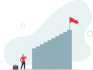 discouraged businessman looking at high steep first step of success stairway.flat vector illustration.