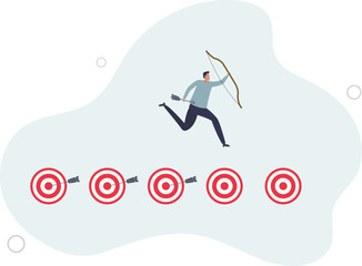 businessman holding arrow and bow jump on achieved targets.flat vector illustration.