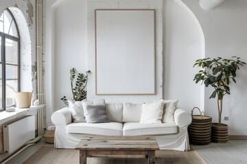 Grunge old accent coffee table near white sofa against arched window and white wall with big art poster frame. Minimalist, art deco interior design of modern living room