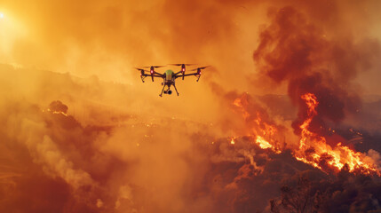 Naklejka premium Drone hovers above a raging wildfire at dusk, capturing the inferno below.