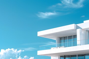 luxury house, white villa with balcony, terrace over blue sky. Minimalist architecture background with copy space