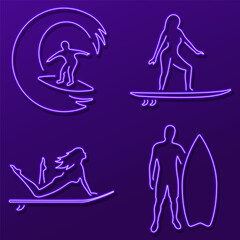 surfing neon sign, modern glowing banner design, colorful modern design trend. Vector illustration.