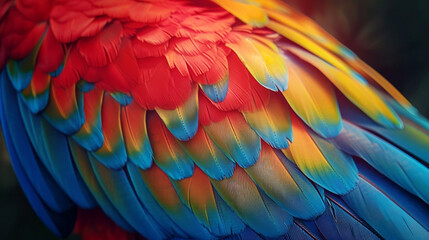 Vivid close-up of a colorful parrot's feathers glistening in the rain