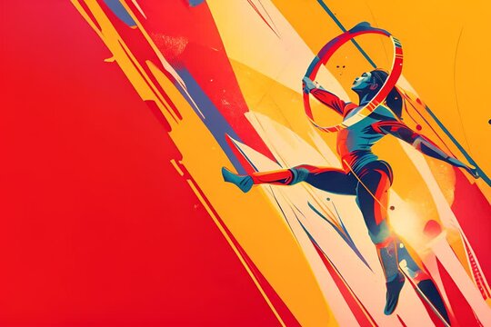 Athlete doing gymnastics in a sports competition, creative colorful cartoon funky abstract art
