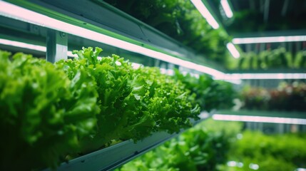 A close-up of indoor vertical farm growing in a greenhouse under artificial lights, mimicking the natural environment for terrestrial plants. AIG41