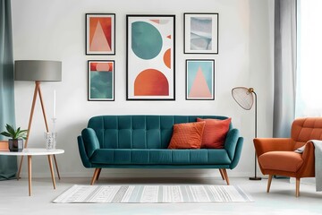 Teal sofa and terra cotta armchair against white wall with art posters. Scandinavian style home interior design of modern living room.