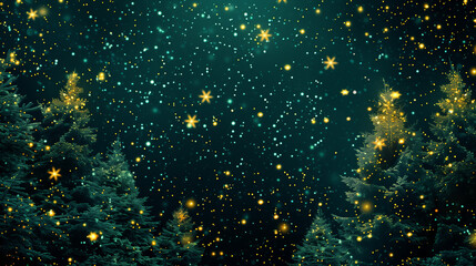 christmas background with stars , trees  on green emerald color background	