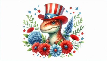 Dinosaur 4th July Watercolor Memorial Day Clip Art Animal Patriotic with American Flag Celebration USA (United State) Art Cute Cartoon For Independence Day