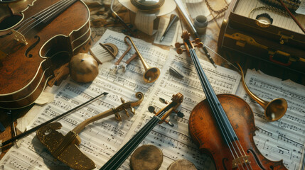 A symphony of classic instruments and sheet music evokes a timeless musical heritage.