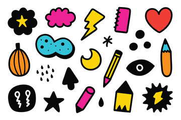 Pencil drawn doodle element set with grunge texture. Bright colour stickers collection. Childish and sketch style. Vector design