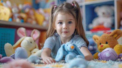 Fototapeta premium Little girl plays teacher with her plush toys in a colorful room