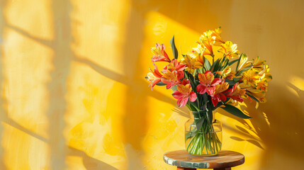 Vase with beautiful alstroemeria flowers on stool near