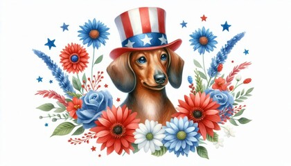 Dachshund Dog 4th July Watercolor Celebration USA (United State) Art Cute Cartoon For Independence Day Animal Patriotic with American Flag Memorial Day Clip Art