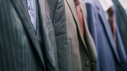 Row of suits on hangers showcasing various colors and patterns.