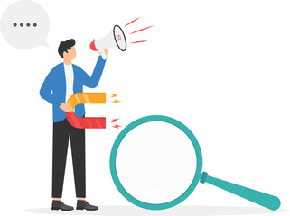 businessman with a shout and a magnifier. The concept of finding people to work, vector illustration

