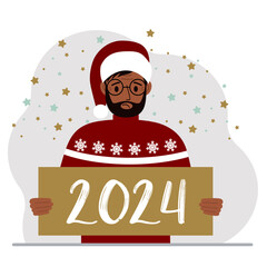 A man in a Christmas red hat with snowflakes holds a Happy New Year 2024 card. Vector flat illustration