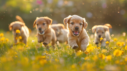 Playful puppies frolicking in a sunlit meadow filled with wildflowers