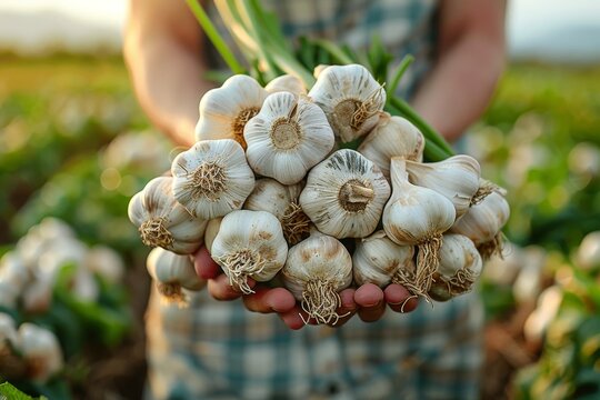 Hands holding a large bunch of freshly harvested garlic against a blurred farm background