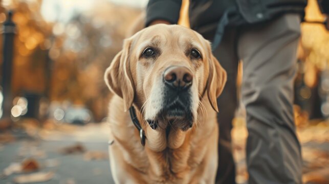 The photo shows a man and his golden retriever dog walking in the park. The dog is looking up at the man with a happy expression on its face. The man is smiling down at the dog.