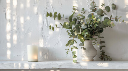 Vase with green eucalyptus branches and candle on shel