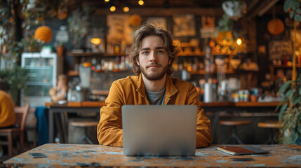 Fototapeta premium Young man working on laptop, IT programmer freelancer or student with computer in cafe at table looking in camera