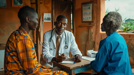 Fototapeta premium Doctor consulting with elderly and young patients in a community clinic
