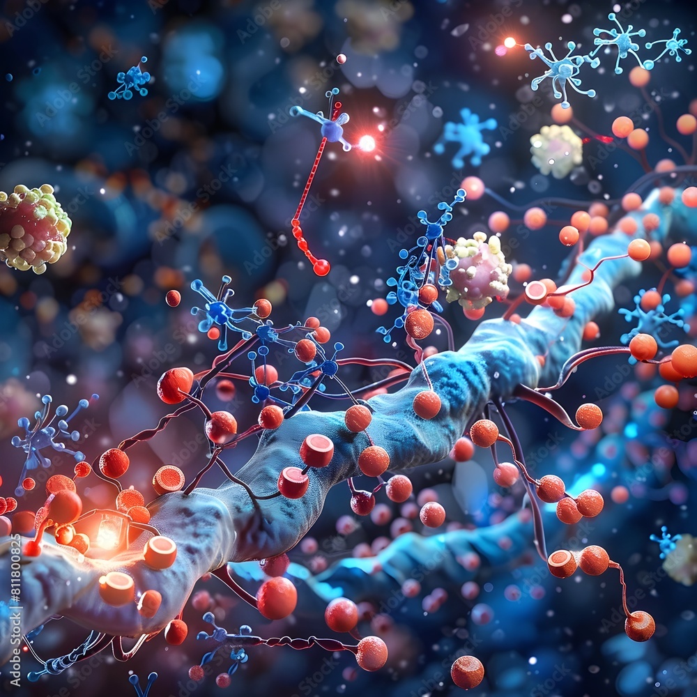 Aufkleber insulin molecule interacting with cellular components in dynamic 3d