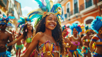 Joyful dancers in vibrant costumes celebrating at a Brazilian Carnival