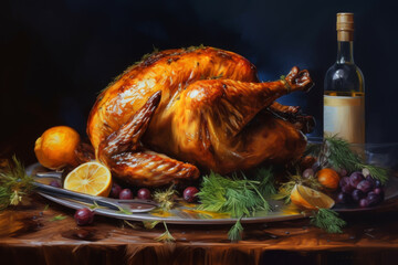 Turkey sitting on the table ready with Thanksgiving booze,ai