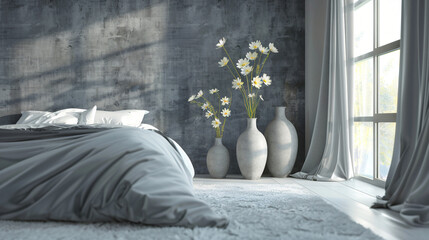 Vases with flowers in modern bedroom