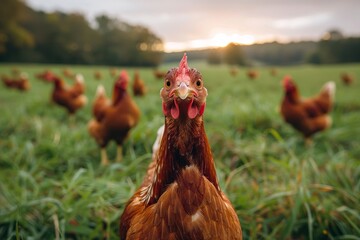 Fototapeta premium A flock of hens roaming freely in a grassy field during a beautiful sunrise, depicting organic farming