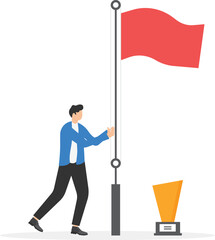 Business achievement or determination for career success concept, cheerful businessman winner raising flag on big target

