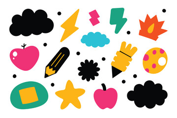 Pencil drawn doodle element set with grunge texture. Bright colour stickers collection. Childish and sketch style. Vector design