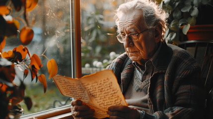 Elderly man reading a heartfelt handwritten letter by a sunny window