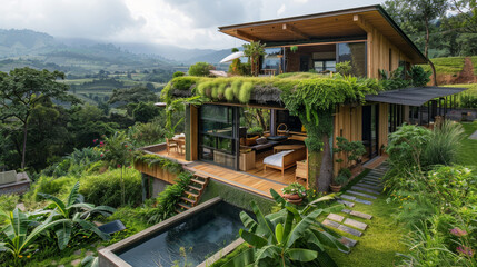 Eco-friendly house built into a lush hillside with modern design and natural surroundings