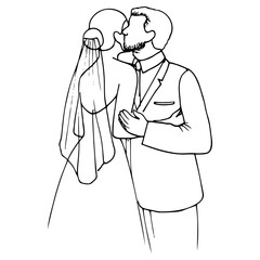 bearded father or groom kisses the bride on the cheek, they hug. outline wedding illustration
