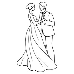 bride and groom dance in full length. outline wedding illustration
