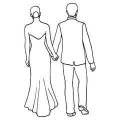 bride and groom holding hands walk together, view from the back. wedding outline illustration